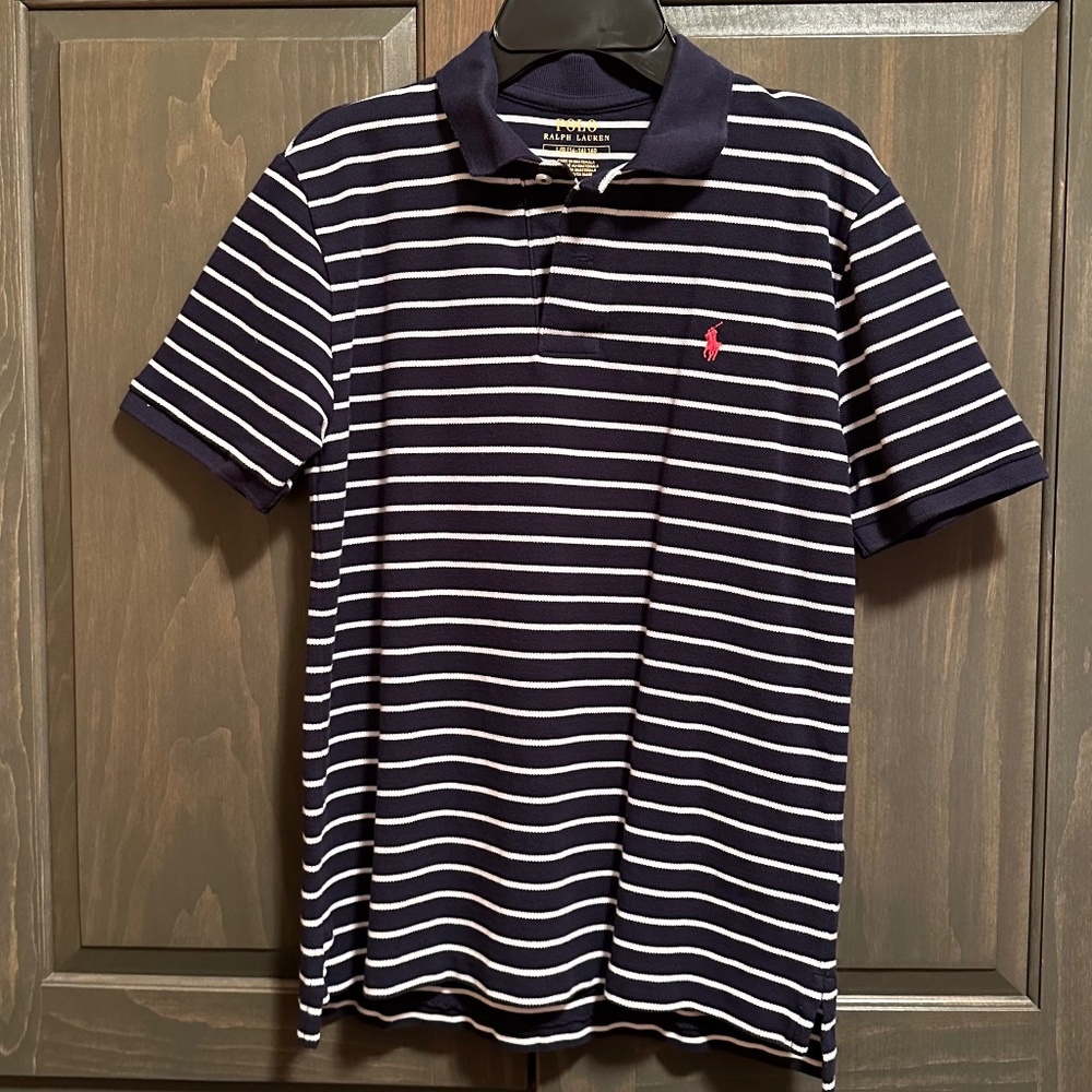 Boys Navy & White striped pique polo golf shirt 14/16